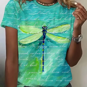 Women's Dragonfly Spring Print Casual Round Neck Short Sleeve T-Shirt, T-shirts, Lilicloth.com