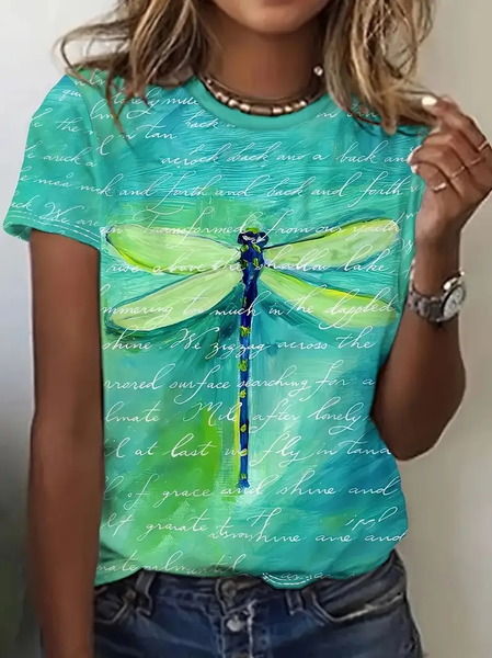 Women's Dragonfly Spring Print Casual Round Neck Short Sleeve T-Shirt, T-shirts, Lilicloth.com