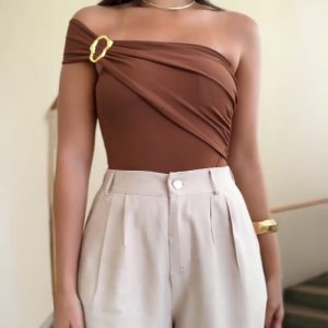 Solid One Shoulder with Heart Shape Decor Slim-fit Bodysuit, women Bodysuit, ChicMe catalog