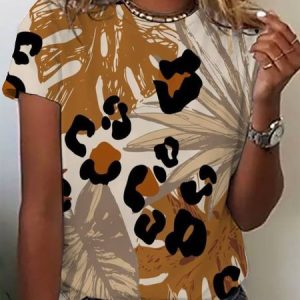 Women's Short Sleeve Leopard Tee T-shirt Summer Leaf Floral Jersey Crew Neck Daily Going Out Casual Top, JustFashionNow T-Shirts, color:Brown|size:XXL,