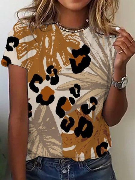 Women's Short Sleeve Leopard Tee T-shirt Summer Leaf Floral Jersey Crew Neck Daily Going Out Casual Top, JustFashionNow T-Shirts, color:Brown|size:XXL,