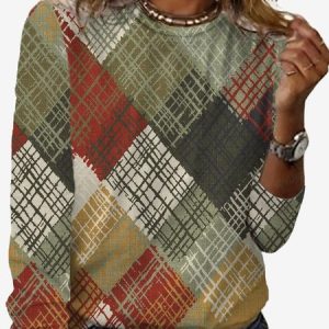 Women's Long Sleeve Tee T-shirt Spring/Fall Geometric Jersey Crew Neck Daily Going Out Casual Top, JustFashionNow T-Shirts, color:Army Green|size:XXL,