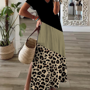 Women's Leopard Print Spring Casual V-Neck Short Sleeve Slit Dress, Dresses, Lilicloth.com