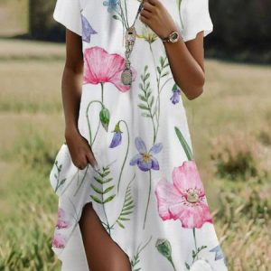 Women's Short Sleeve Summer Floral Dress Crew Neck Daily Going Out Casual Midi H-Line T-Shirt Dress, JustFashionNow Dresses, color:White|size:XXL,