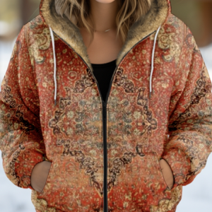 Women's Vintage Winter 3D Printing Hoodie Zipper Padded Parka, JustFashionNow Jackets, color:Red|size:4XL,