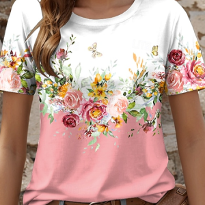 Women's Floral Print Casual Short Sleeve T-Shirt, T-shirts, Lilicloth.com