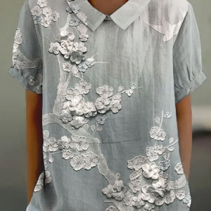 Women Floral Short Sleeve Shirt Summer Printing Shawl Collar Daily Casual Top, JustFashionNow Shirts, color:Gray|size:5XL,