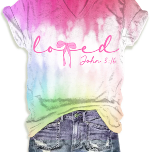 Women's Short Sleeve Tee T-shirt Summer Ombre Printing V Neck Casual Top Graphic Tee, JustFashionNow T-Shirts, color:As Picture|size:XXL,