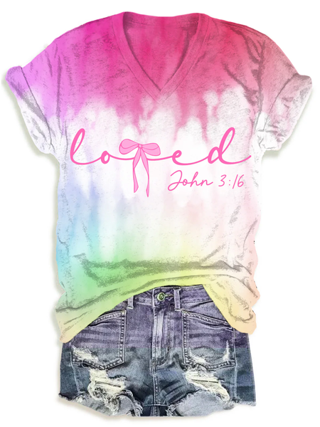 Women's Short Sleeve Tee T-shirt Summer Ombre Printing V Neck Casual Top Graphic Tee, JustFashionNow T-Shirts, color:As Picture|size:XXL,