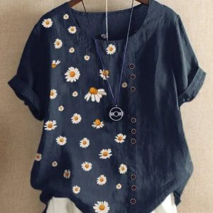 Crew Neck Half Sleeve Floral Regular Regular Fit Blouse For Women, Blouses, color:Blue|size:4XL, catalog Noracora shop