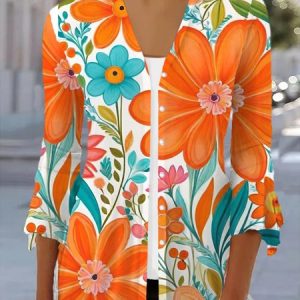 Women's Spring/Fall Outerwear Casual Floral Jersey Shawl Jacket, JustFashionNow Coats, color:Orange|size:XXL,