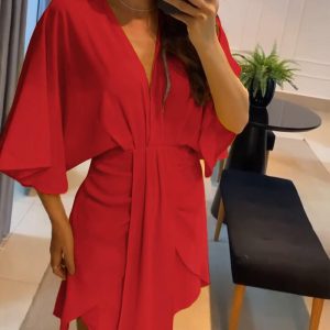 Plunge Bell Sleeve Asymmetrical Hem Casual Dress Draped Mini Dress, women Casual Dresses, ChicMe catalog