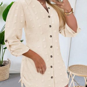 Large Swiss Dot Stand Collar Long Sleeve Chiffon Shirt Dress Casual Button Design Mini Dress, women Shirt Dresses, ChicMe catalog