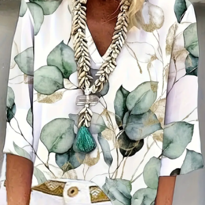 Women's Floral Three Quarter Sleeve Blouse Spring/Fall Printing V Neck Daily Casual Top, JustFashionNow Blouses, color:White|size:XXL,