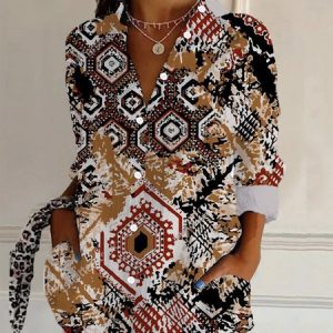Women's Long Sleeve Shirt Spring/Fall Ethnic Shirt Collar Daily Going Out Casual Top, JustFashionNow Shirts, color:Coffee|size:XXL,