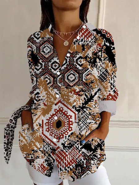 Women's Long Sleeve Shirt Spring/Fall Ethnic Shirt Collar Daily Going Out Casual Top, JustFashionNow Shirts, color:Coffee|size:XXL,