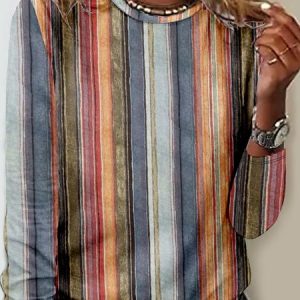 Women's Abstract Stripes Long Sleeve Tee T-shirt Crew Neck Casual Spring/Fall Top, JustFashionNow T-Shirts, color:Multicolor|size:L,