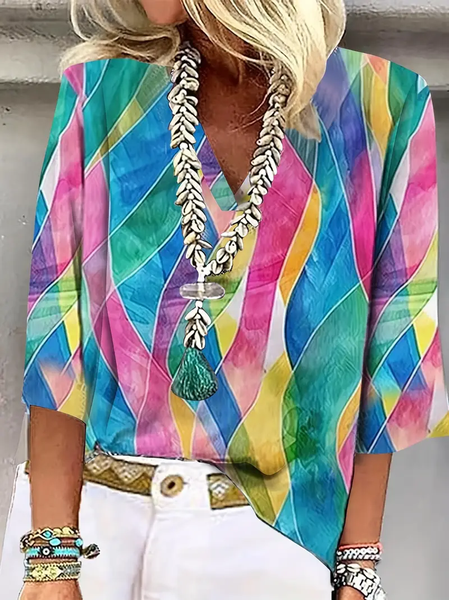 Women's Geometric Three Quarter Sleeve Blouse_ Spring/Fall Printing V Neck Daily Casual Top, JustFashionNow T-Shirts, color:As Picture|size:XXL,