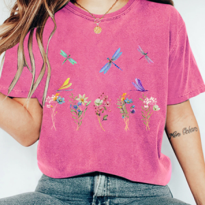 Dragonflies Wildflowers Print Wash T-Shirt, T-shirts, Lilicloth.com