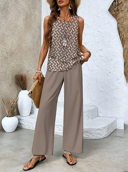Women's Geometric Printing Two-Piece Set Daily Sleeveless Casual Summer Top With Pants Matching Set, JustFashionNow Suit Set, color:Brown|size:XXL,