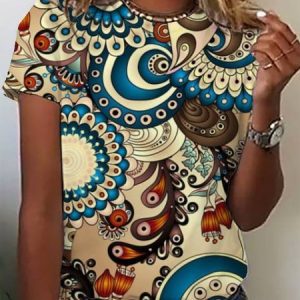 Ethnic Print Short Sleeve Crew Neck T-shirt, T-shirts, Lilicloth.com