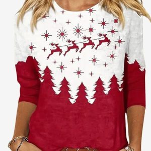 Women's Long Sleeve Tee T-shirt Spring/Fall Color Block Jersey Crew Neck Daily Going Out Casual Top, JustFashionNow T-Shirts, color:Red|size:XXL,
