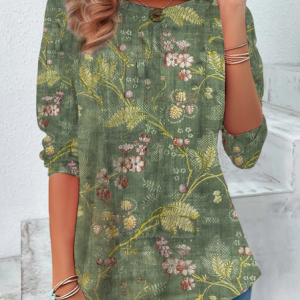 Women's Long Sleeve Tee T-shirt Spring/Fall Floral Printing Crew Neck Casual Graphic Tee Top, JustFashionNow T-Shirts, color:Green|size:XXL