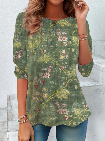 Women's Long Sleeve Tee T-shirt Spring/Fall Floral Printing Crew Neck Casual Graphic Tee Top, JustFashionNow T-Shirts, color:Green|size:XXL,