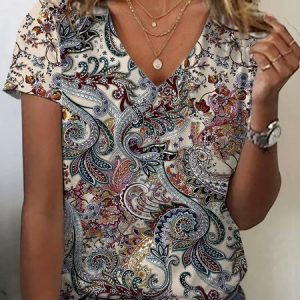 Women's Short Sleeve Tee T-shirt Summer Ethnic Jersey V Neck Holiday Going Out Casual Top, JustFashionNow T-Shirts, color:Apricot|size:XXL,