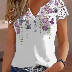 Floral Butterfly Print Notch Neck Lace Patch Top, women T-shirt & Tees, ChicMe catalog