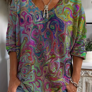 Women's Abstract V-Neck Printed Casual Long Sleeve T-Shirt, Long sleeves, Lilicloth.com