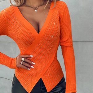 Rhinestone Decor Overlap V-Neck Long Sleeve Knit Sweater Asymmetrical Hem Slim Fit Textured Pullover Top, women Sweaters & Cardigans, ChicMe catalog
