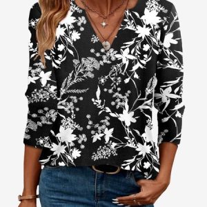 Women's Long Sleeve Floral Blouse Spring/Fall Botanical Pattern Jersey V Neck Daily Going Out Casual Top, JustFashionNow T-Shirts, color:Black|size:XXL,