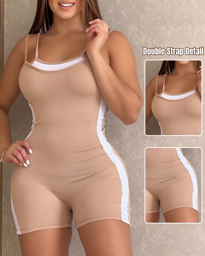 Double Spaghetti Strap Detail Colorblock Romper Slim Fit Short Overall, women Rompers, ChicMe catalog