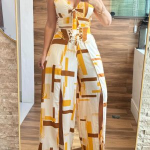 2 Pieces Vacation Outfit Colorblock V-Neck Spaghetti Strap Crop Top and Tied Detail High Slit Wide Leg Pants Set, women Two-piece Sets, ChicMe catalog
