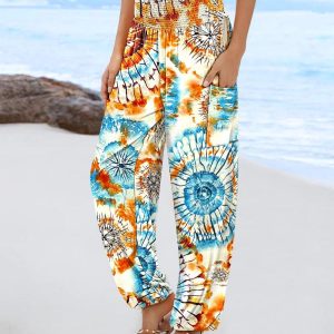 Tie Dye Print Shirred High Waist Cinched Hem Long Pants Vacation Pants with Pocket, women Pants, ChicMe catalog