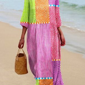 Women Geometric Crew Neck Long Sleeve Comfy Casual Maxi Dress, Maxi, color:Pink|size:5XL, catalog Noracora shop