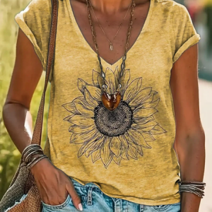 Women Floral Short Sleeve Tee T-shirt V Neck Printing Casual Summer Graphic Tee Top, JustFashionNow T-Shirts, color:Yellow|size:XXL,