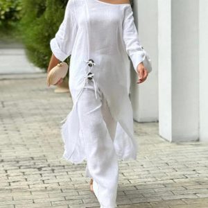 2 Pieces Outfit Button Decor One Shoulder Turn-Up Sleeves Slit Raw Edges Top and Casual Drawstring Elastic Waist Wide Leg Pants Set, women Casual Dresses, ChicMe catalog