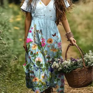 Women Floral V Neck Short Sleeve Comfy Casual Maxi Dress, Maxi, color:Light Blue|size:4XL, catalog Noracora shop