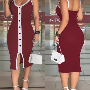 Contrast Paneled Button Decor Sleeveless Midi Dress, women Midi Dresses, ChicMe catalog