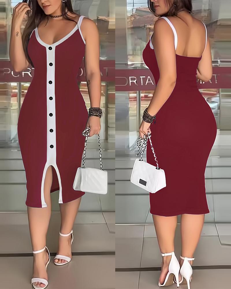 Contrast Paneled Button Decor Sleeveless Midi Dress, women Midi Dresses, ChicMe catalog