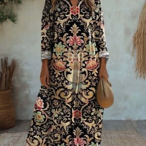 Women's Long Sleeve Spring/Fall Ethnic Jersey Dress V Neck Daily Going Out Casual Maxi A-Line T-Shirt Dress, JustFashionNow Dresses, color:Black|size:XXL,