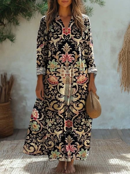 Women's Long Sleeve Spring/Fall Ethnic Jersey Dress V Neck Daily Going Out Casual Maxi A-Line T-Shirt Dress, JustFashionNow Dresses, color:Black|size:XXL,