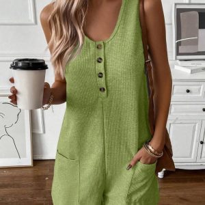 Scoop Neck Sleeveless Button Front Romper Casual Pocket Design Loose Fit Knit Jumpsuit, women Rompers, ChicMe catalog