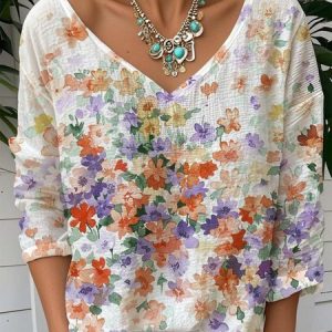 Vintage Floral Art Print V Neck Long Sleeve T-shirt, T-shirts, color:Green|size:XXL, catalog Noracora shop