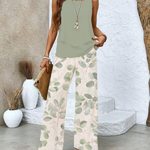 Women's Floral Two-Piece Set Daily Sleeveless Casual Summer Top With Pants Matching Set, JustFashionNow Suit Set, color:Gray|size:XXL,