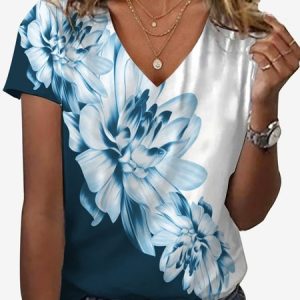 Women Floral Short Sleeve Tee T-shirt V Neck Casual Summer Top, JustFashionNow T-Shirts, color:Blue|size:XXL,