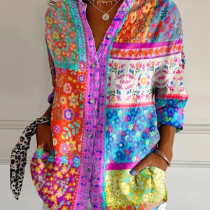 Women's Floral Long Sleeve Shirt Spring/Fall Buckle Shirt Collar Daily Casual Top, JustFashionNow Shirts, color:As Picture|size:3XL,