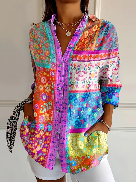Women's Long Sleeve Shirt Spring/Fall As Picture Floral Buckle Shirt Collar Daily Going Out Casual Top, Blouses, Lilicloth.com - Image 7